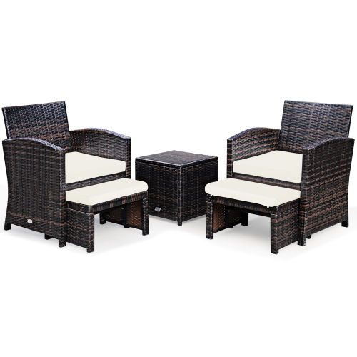 Gymax 5PCS Rattan Patio Furniture Set Chair & Ottoman Set w/ White Cushions