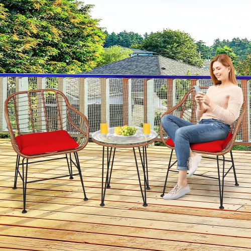 Gymax 3PCS Rattan Patio Conversation Set Bistro Chat Set w/ Cushions