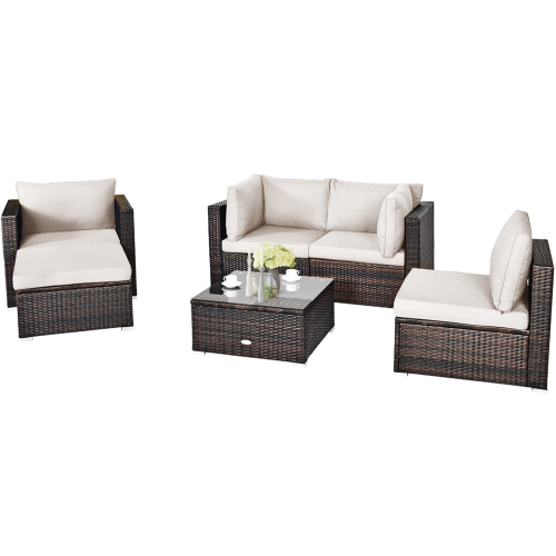 GYMAX  6PCs Patio Conversation Set Rattan Sectional Furniture Set W/ Cushions In White
