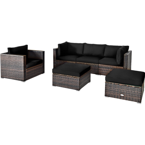Gymax 6PCS Patio Conversation Set Rattan Sectional Furniture Set w/ Black Cushions