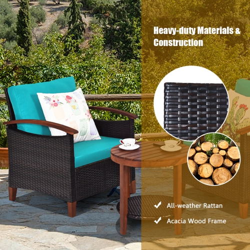 Gymax 3PCS Patio Wicker Rattan Conversation Set Outdoor Furniture Set w/ Turquoise Cushion