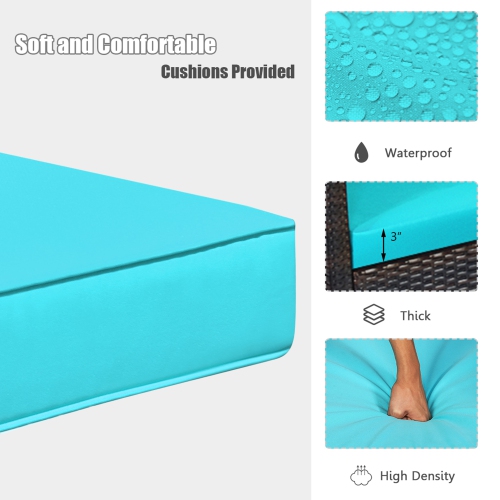 Gymax 3PCS Patio Wicker Rattan Conversation Set Outdoor Furniture Set w/ Turquoise Cushion