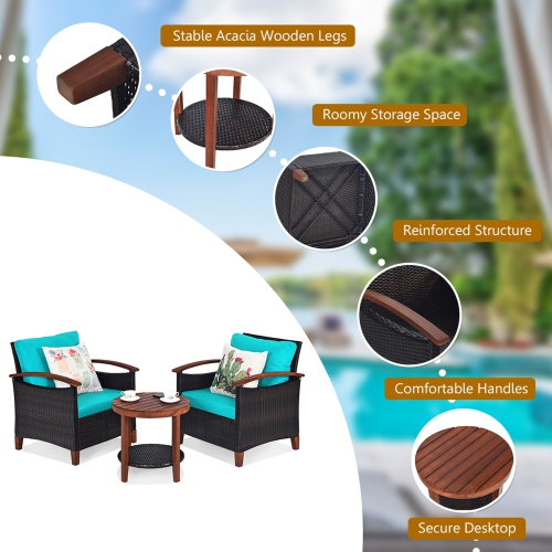 Gymax 3PCS Patio Wicker Rattan Conversation Set Outdoor Furniture Set w/ Turquoise Cushion