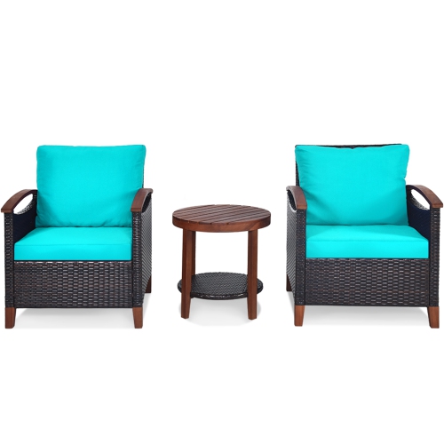 Gymax 3PCS Patio Wicker Rattan Conversation Set Outdoor Furniture Set w/ Turquoise Cushion