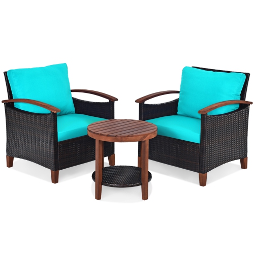 Gymax 3PCS Patio Wicker Rattan Conversation Set Outdoor Furniture Set w/ Turquoise Cushion