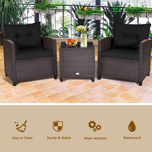 Gymax 3PCS Outdoor Patio Rattan Conversation Set Garden Yard w/ Black Cushions