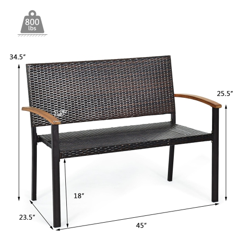 Gymax Patio Wicker Bench All Weather Rattan Chair Loveseat w/ Acacia Armrest
