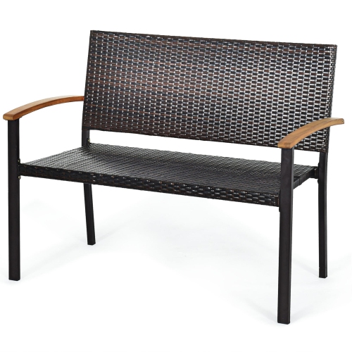 Gymax Patio Wicker Bench All Weather Rattan Chair Loveseat w/ Acacia Armrest