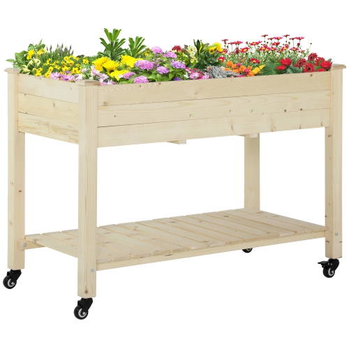 OUTSUNNY  Raised Garden Bed, Mobile Elevated Wood Planter Box \w Lockable Wheels, Storage Shelf, Drainage Holes And Bed Liner for Flowers, Herbs