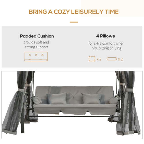 Lit de repos extérieur 3 places Outsunny, fauteuil pivotant 3-en-1 pour abri de jardin Hamac de jardin avec pare-soleil, moustiquaire et filet en