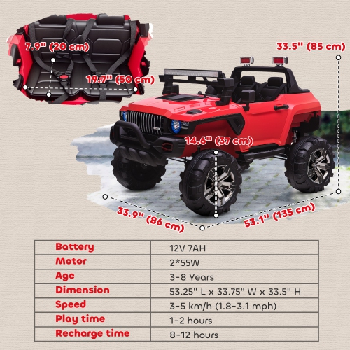 Aosom 2-Seater Kids Ride On Police Car, 12V 7AH Ride on Truck, Electric Car for Toddlers with Remote Control, LED Lights, Big Wheels, 4 Shock