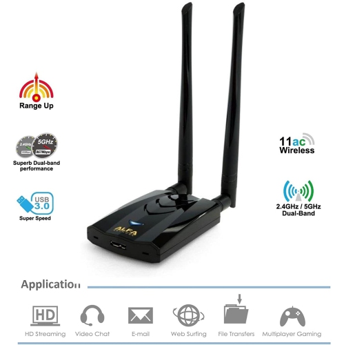 Alfa Long-Range Dual-Band AC1200 Wireless USB 3.0 Wi-Fi Adapter w/2x 5dBi External Antennas – 2.4GHz 300Mbps/5GHz 867Mbps – 802.11ac & A, B, G, N