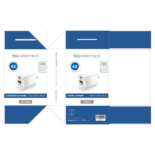 Blu Element Universal Wall Charger White Dual Port USB-C 20W PD / USB A Plug-in USB 20W PD & QC3.0 iPhone 15/14/13/12/11/Pro Max, iPad Pro, AirPods