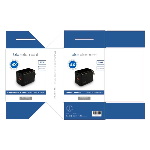 Blu Element Universal Wall Charger Black Dual Port USB-C 20W PD / USB A Plug-in USB 20W PD & QC3.0 iPhone 15/14/13/12/11/Pro Max, iPad Pro, AirPods