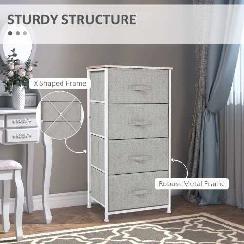 HOMCOM Linen Drawer Cabinet Organizer Storage Dresser Tower with 4 Removable Drawer Metal Frame Adjustable Feet for Living Room, Kitchen, Bathroom,