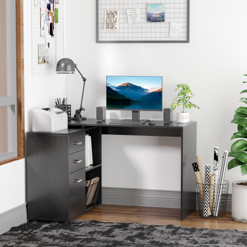 HOMCOM 46" L Shaped Desk with Drawers, Computer Corner Desk with Storage Shelf, PC Table Home Office Workstation, Black
