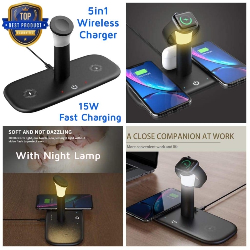 WINGOMART 5in1 Wireless Fast Charging Dock W/ Night Light, Qi Certified for Apple Airpods iPhone 16 pro max iphone 15 14 13 12 wireless charger stand