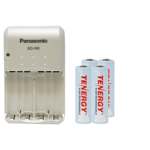 Panasonic BQ-390 Smart Battery Charger + 4 AA Tenergy NiMH Rechargeable Batteries
