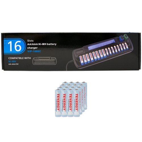 16 Bay AA / AAA LCD Battery Charger + 16 AAA Tenergy NiMH Rechargeable Batteries