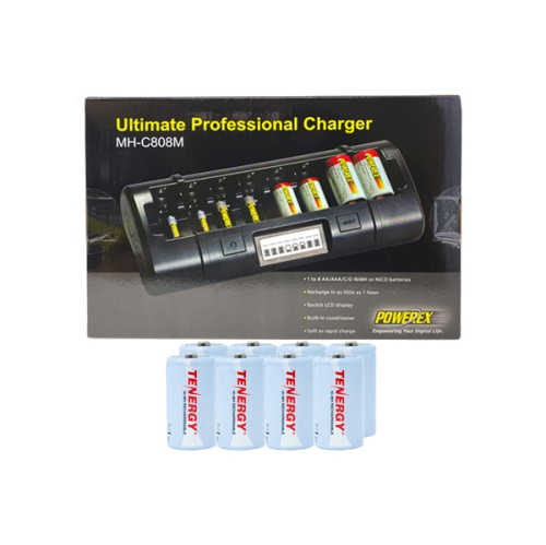 Powerex MH-C808M 8 Bay LCD Charger + 8 D Tenergy NiMH Batteries