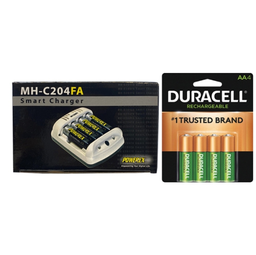Chargeur de batterie intelligent AA/AAA MH-C204FA de Powerex et 4 piles AA rechargeables de Duracell