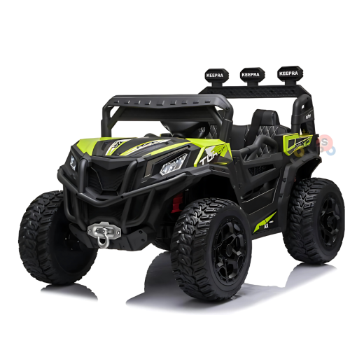 KidsVIP Kids Ride On Buggy Junior Utility 12V Battery Powered Off Road 4x4 AWD UTV: Rubber Wheels, Leather Seat, Music Player, Lights, Remote
