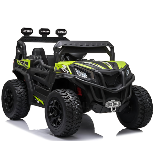 KidsVIP Kids Ride On Buggy Junior Utility 12V Battery Powered Off Road 4x4 AWD UTV: Rubber Wheels, Leather Seat, Music Player, Lights, Remote