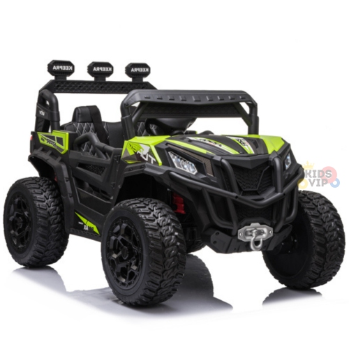 KidsVIP Kids Ride On Buggy Junior Utility 12V Battery Powered Off Road 4x4 AWD UTV: Rubber Wheels, Leather Seat, Music Player, Lights, Remote
