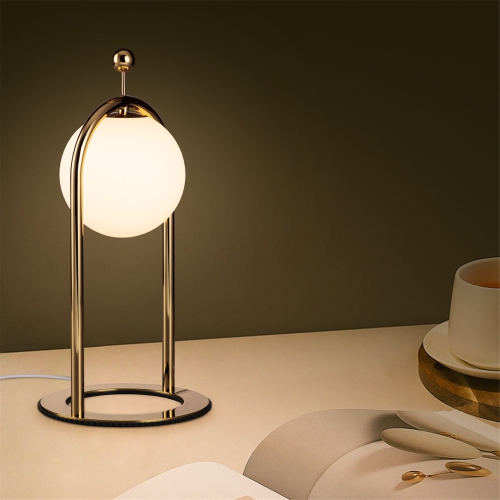 Tubicen Modern Glass Shade Table Lamp, 4-Way Touch Dimmable LED Table Light, Bedroom Nightstand Lamp with USB Plug, White Globe Moon Lamp, Gold Desk