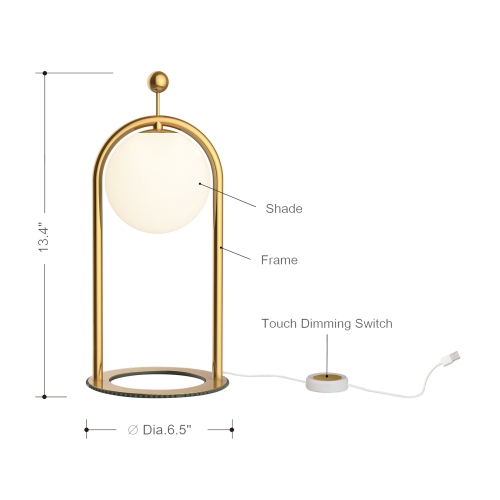 TUBICEN  Modern Glass Shade Table Lamp, 4-Way Touch Dimmable Led Table Light, Bedroom Nightstand Lamp \w USB Plug Globe Moon Lamp, Gold Desk Lamp For