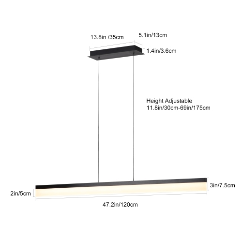 Tubicen LED Linear Pendant Light, 20W LED Dimmable Dining Room Lighting Fixture Hanging, 11.8"-68.9" Height Adjustable, 47.2"L Kitchen Island Pendant