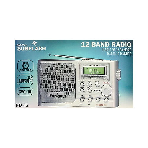 Radio-réveil numérique Sunflash RD-12 AM/FM/SW1-10 numérique 12 bandes avec haut-parleur intégré - Argent