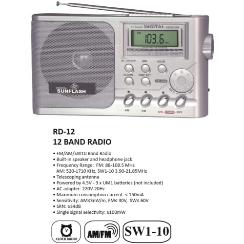 Radio-réveil numérique Sunflash RD-12 AM/FM/SW1-10 numérique 12 bandes avec haut-parleur intégré - Argent