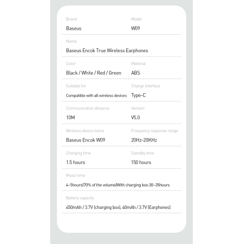 Baseus True Wireless Earphones W09 Black