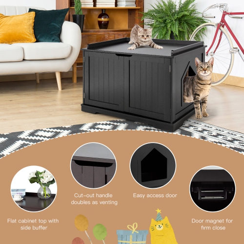 Costway Cat Litter Box Cabinet Furniture Cat Washroom Storage Bench