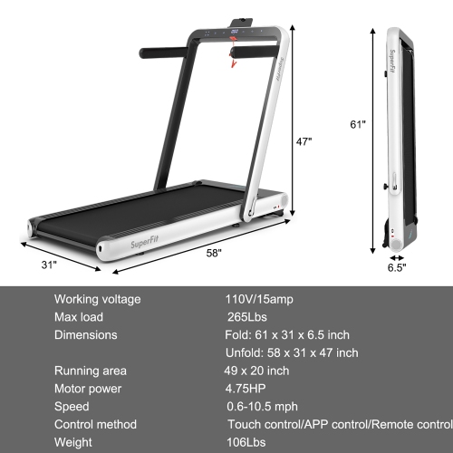 SuperFit 4.75HP 2 In 1 Folding Treadmill W/Remote APP Control Bluetooth