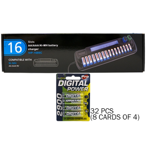 ACCUPOWER  16 Bay Aa / Aaa Lcd Battery Charger + 32 Aa 2900 Mah Nimh Batteries