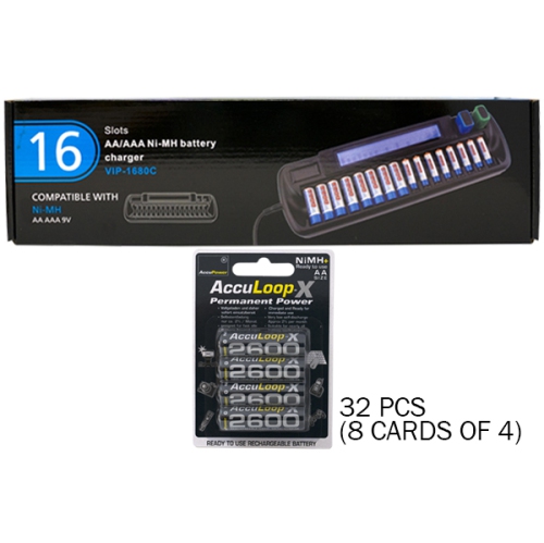 ACCUPOWER  16 Bay Aa / Aaa Lcd Battery Charger + 32 Aa 2600 Mah Acculoop-X Nimh Batteries