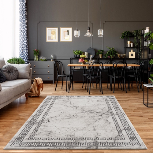 La Dole Rugs Gold Grey Ivory Abstract Marble Bordered Modern Meander Greek Pattern Area Rug For Living Room Bedroom Hallway Carpet 5'3" X 7'3"