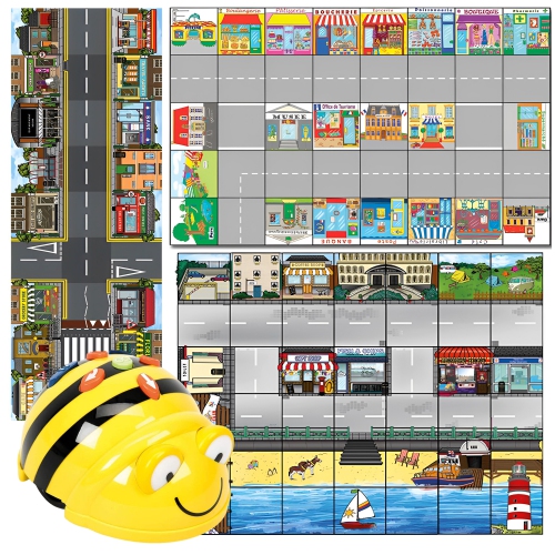 TTS  Bee-Bot See And Say Educational Floor Robot Bundle w French Town Mat, Seaside Floor Mat & Busy Street Mats Programmable Learning for Children