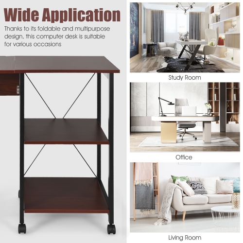 Costway Rolling Computer Desk Folding Writing Office Desk w/ Storage Shelves