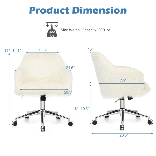Costway Faux Fur Swivel Office Chair Adjustable Task Chair Fluffy Vanity Chair