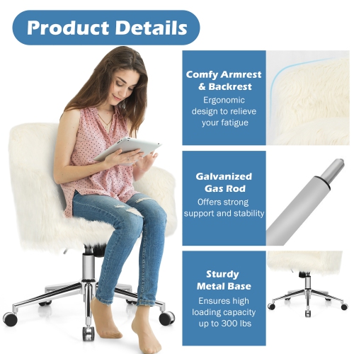 Costway Faux Fur Swivel Office Chair Adjustable Task Chair Fluffy Vanity Chair