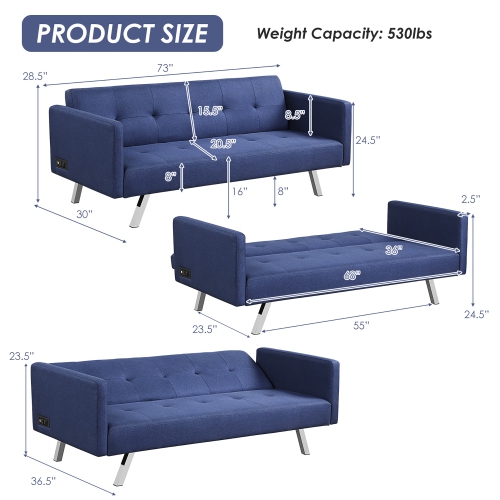 Costway Convertible Futon Sofa Bed Folding Recliner w/USB Ports&Power Strip Grey\Blue