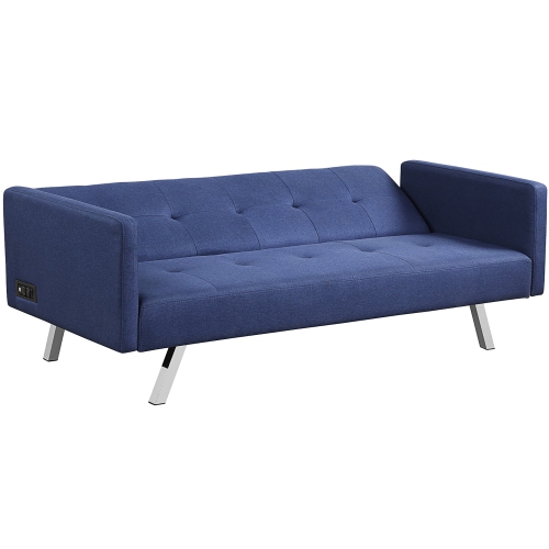 Costway Convertible Futon Sofa Bed Folding Recliner w/USB Ports&Power Strip Grey\Blue