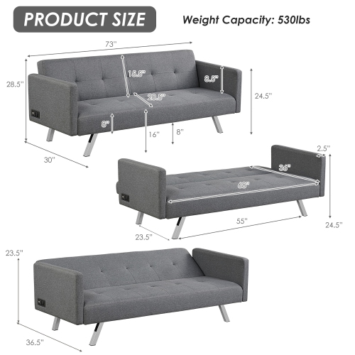 Costway Convertible Futon Sofa Bed Folding Recliner w/USB Ports&Power Strip Grey\Blue