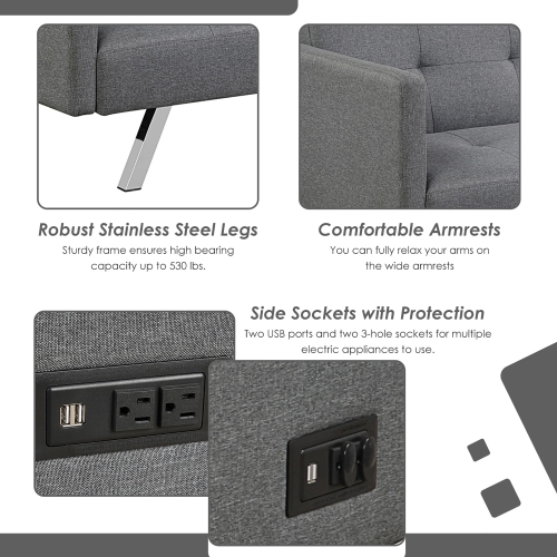 Costway Convertible Futon Sofa Bed Folding Recliner w/USB Ports&Power Strip Grey\Blue