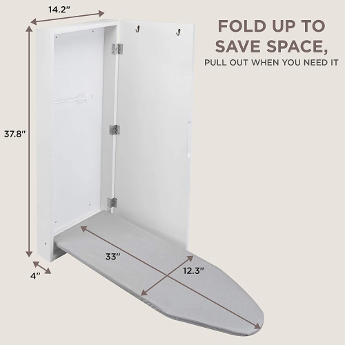 Ivation Wall-Mounted Ironing Board Cabinet, Foldable Ironing Storage Station for Home, Apartment & Small Spaces, Easy-Release Lever, with Miror Door,