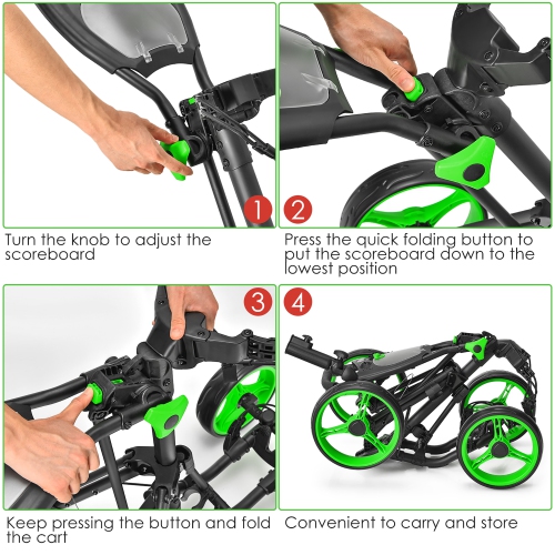 Goplus Folding 4 Wheels Golf Push Cart W/Brake Scoreboard Adjustable Handle Red\Blue\Gray\Green
