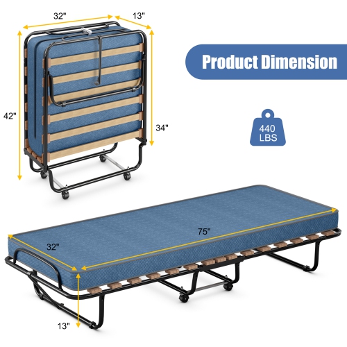 Lit Pliant Portable avec Matelas en Mousse à Mémoire de Forme Costway, Lit Pliant Beige, Fabriqué en Italie